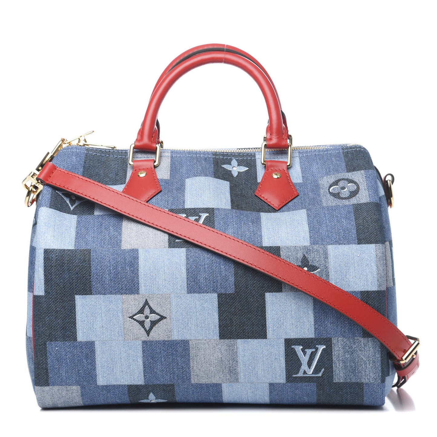 Denim Damier Monogram Patchwork Speedy Bandouliere 30 Blue Rouge