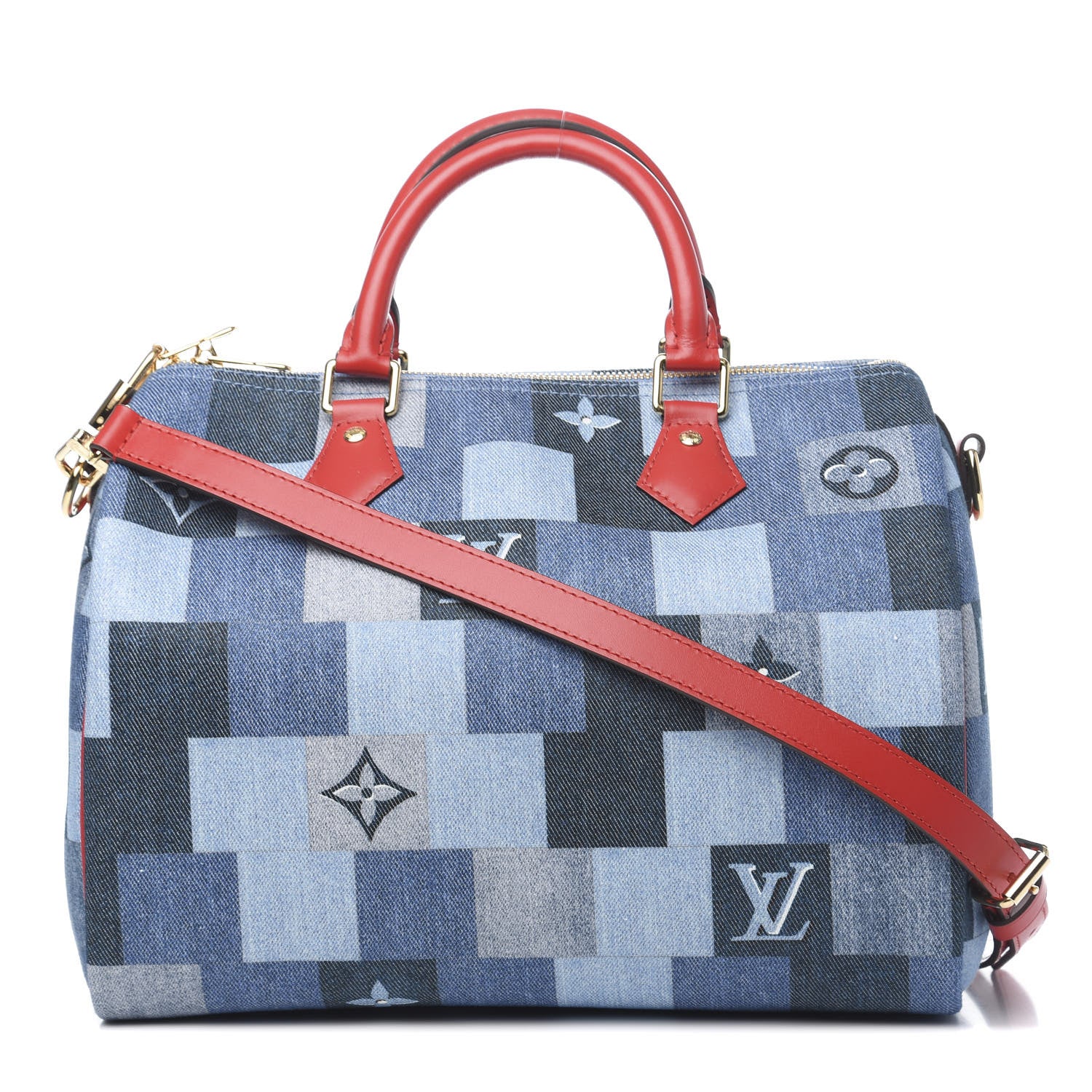 Louis Vuitton Denim Damier Monogram Patchwork Speedy Bandouliere 30 Blue Rouge 1 of 12