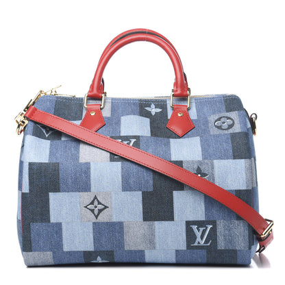 Louis Vuitton Denim Damier Monogram Patchwork Speedy Bandouliere 30 Blue Rouge 1 of 12