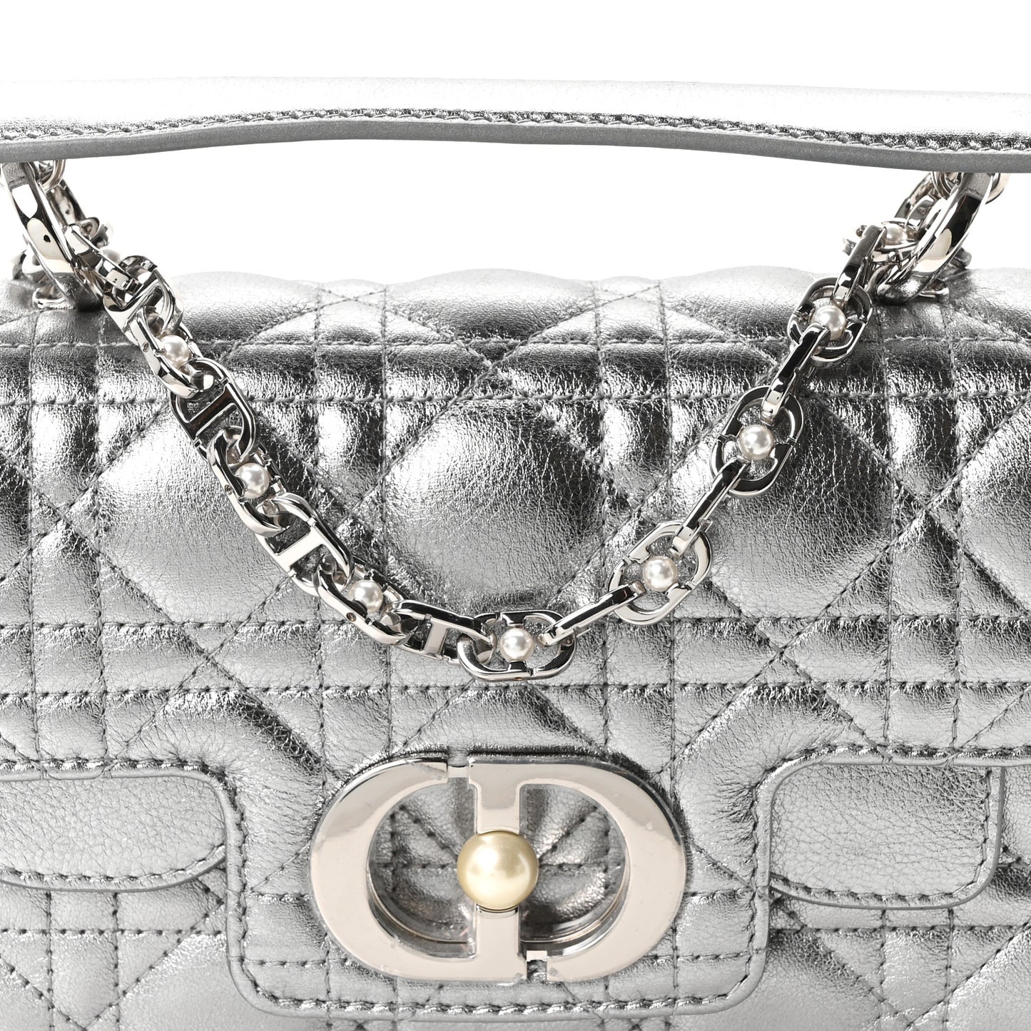 Metallic Lambskin Cannage Mini Jolie Top Handle Bag Silver