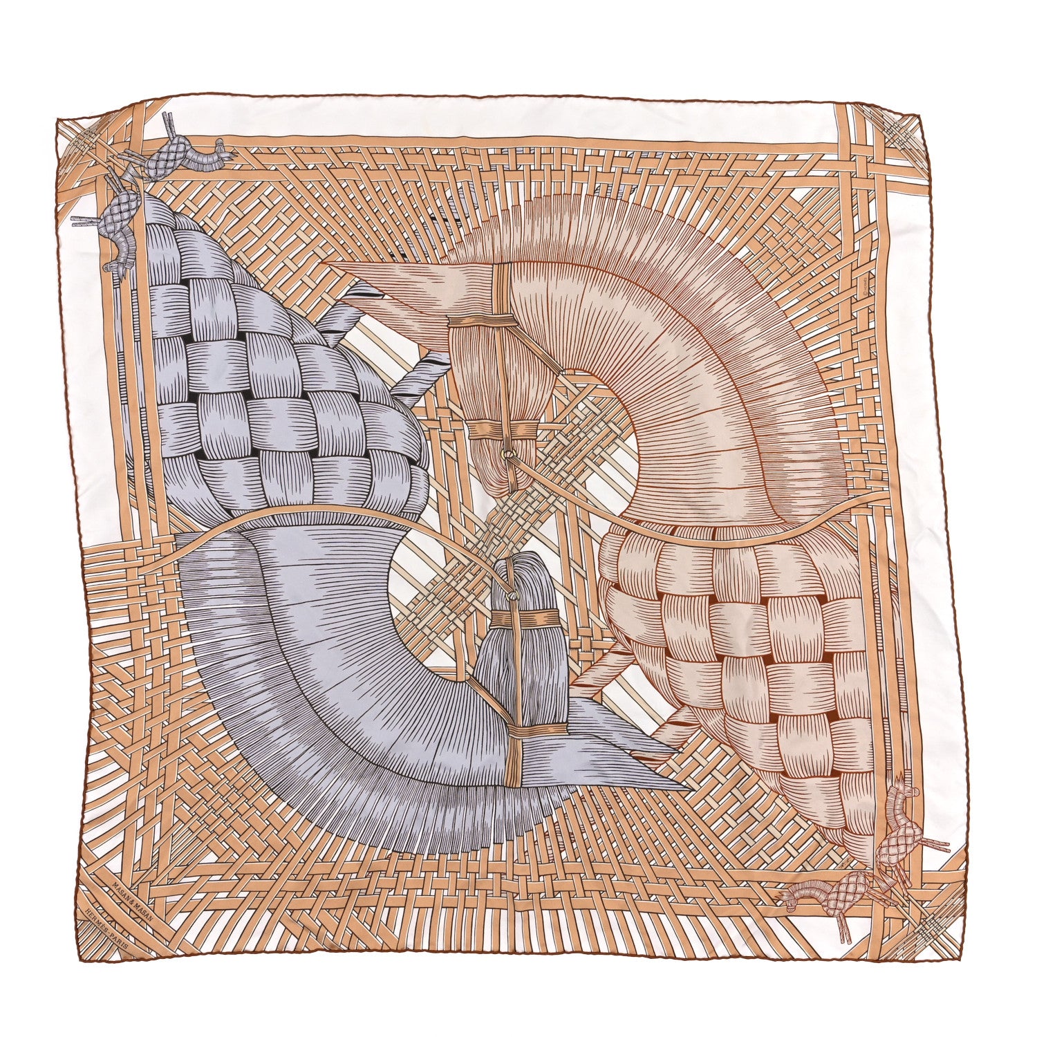 Hermes Silk Masan & Masan Scarf 90 White Beige Gris 1 of 4