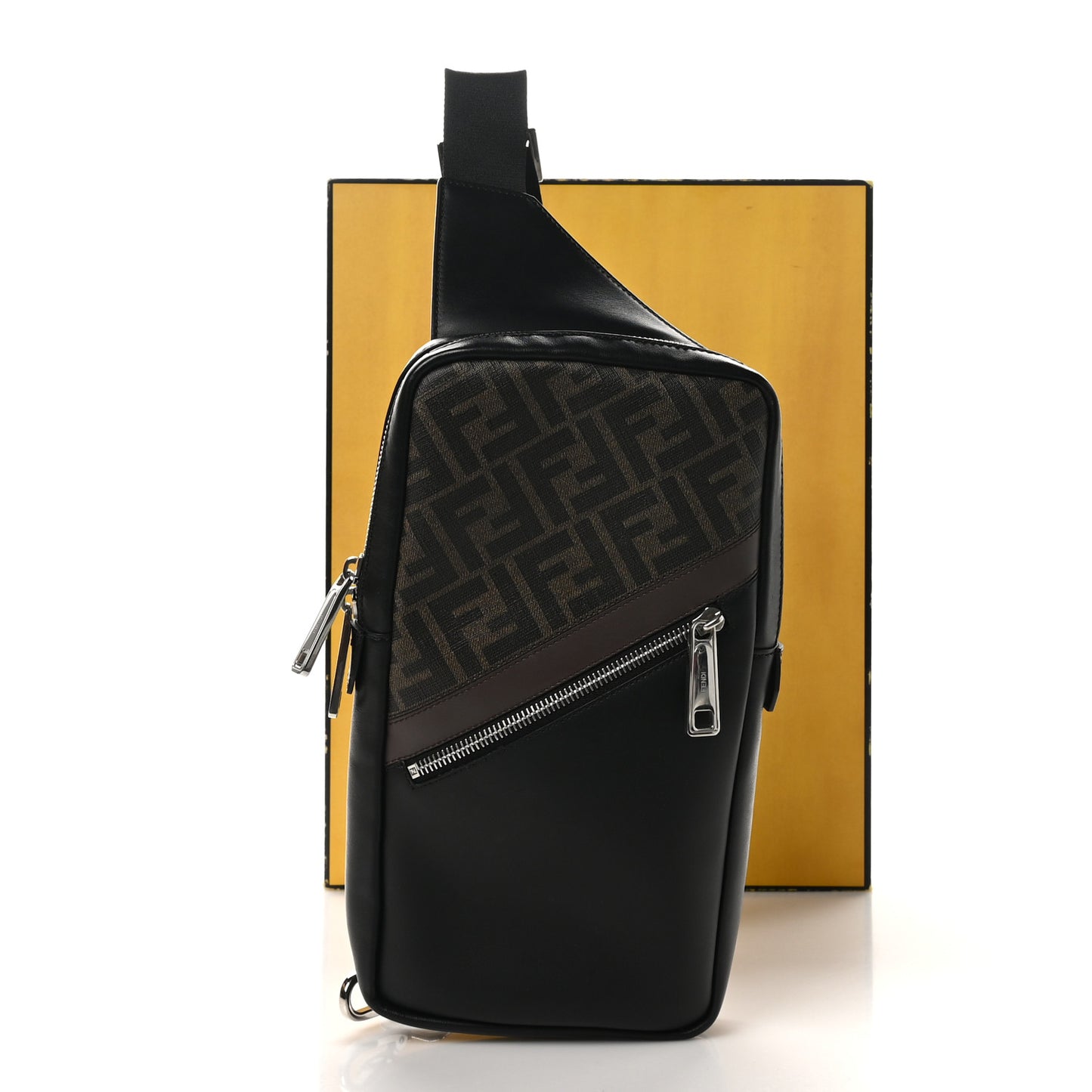 Glazed Fabric Vitello Liberty FF 1974 Diagonal Sling Bag Tobacco Moresco Black