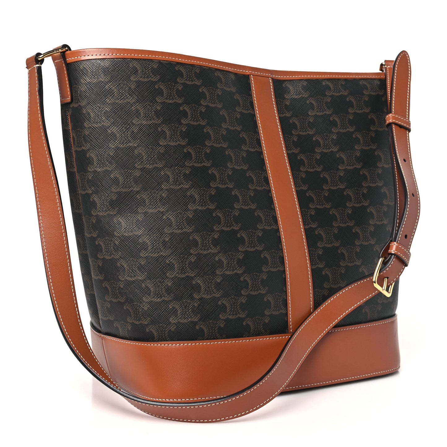 Triomphe Canvas Calfskin Medium Bucket Bag Tan