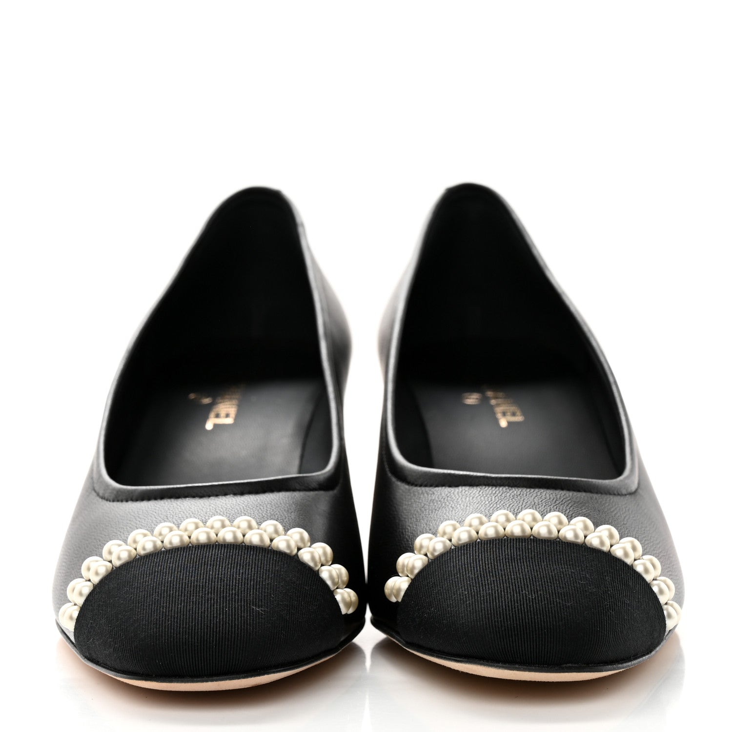 Chanel Lambskin Grosgrain Pearl Cap Toe CC Pumps 37 Black 2 of 9