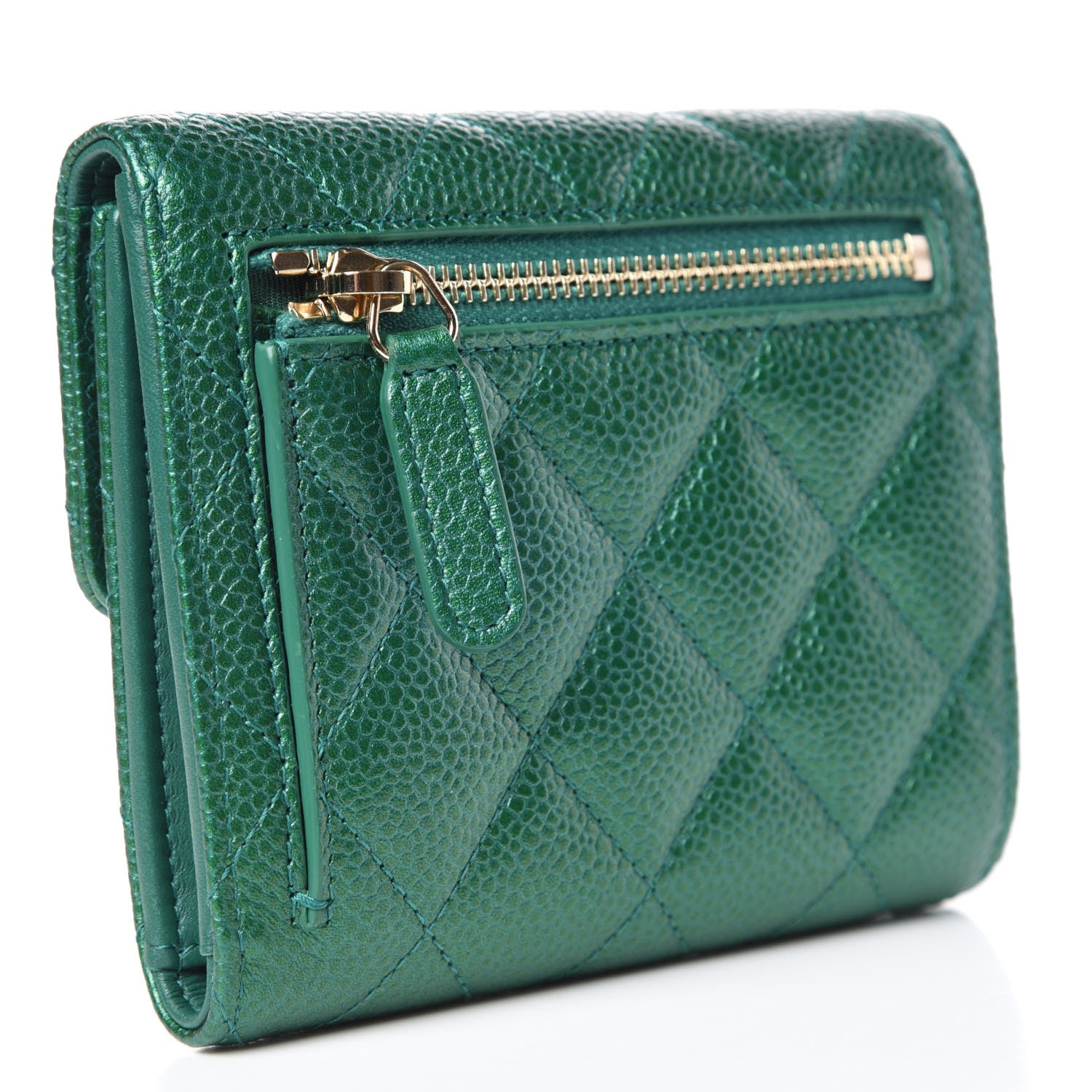 Chanel Metallic Caviar Quilted Compact Flap Wallet Green 4 of 9