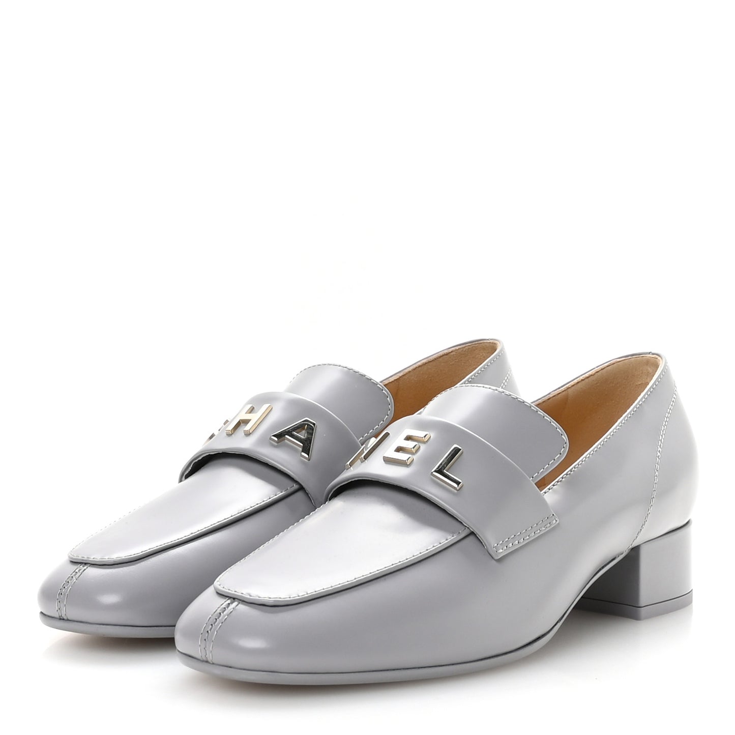 Shiny Calfskin Logo Loafers 37 Light Grey