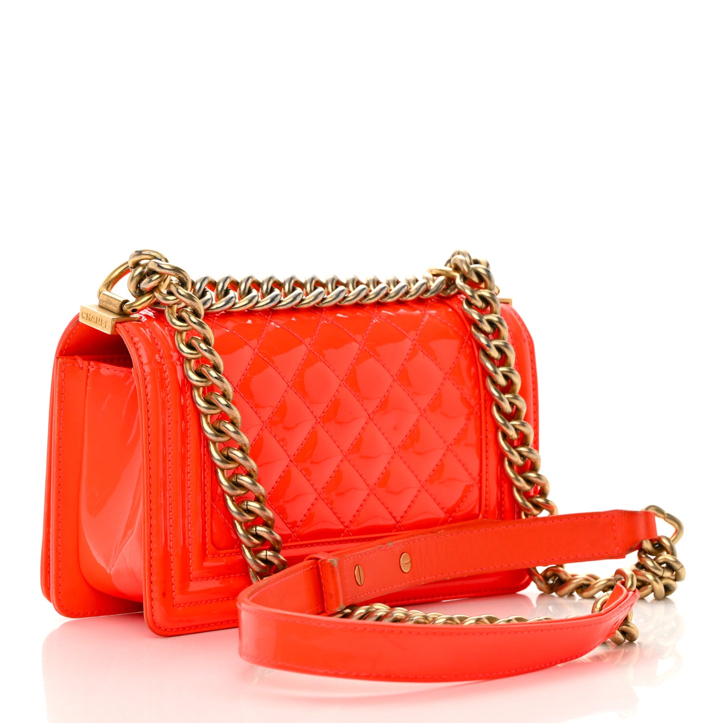Patent Calfskin Quilted Small Boy Flap Orange