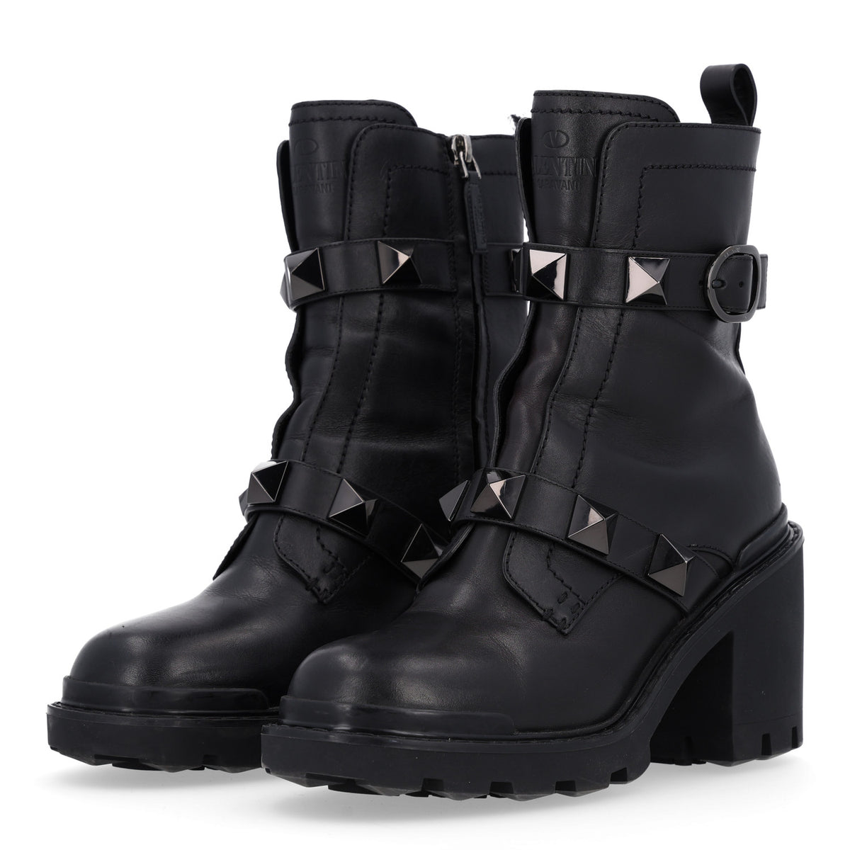 Calfskin Tonal Roman Stud Combat Boots 38.5 Black