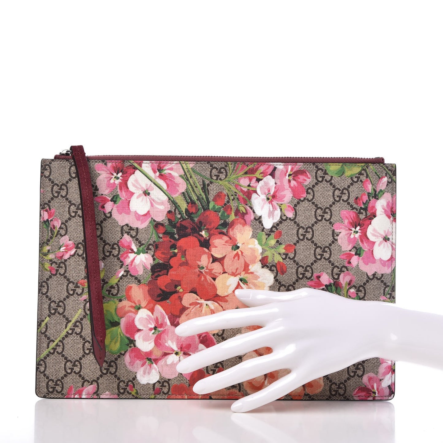 GG Supreme Monogram Blooms Suede Large Zip Pouch Beige Multicolor Dry Rose