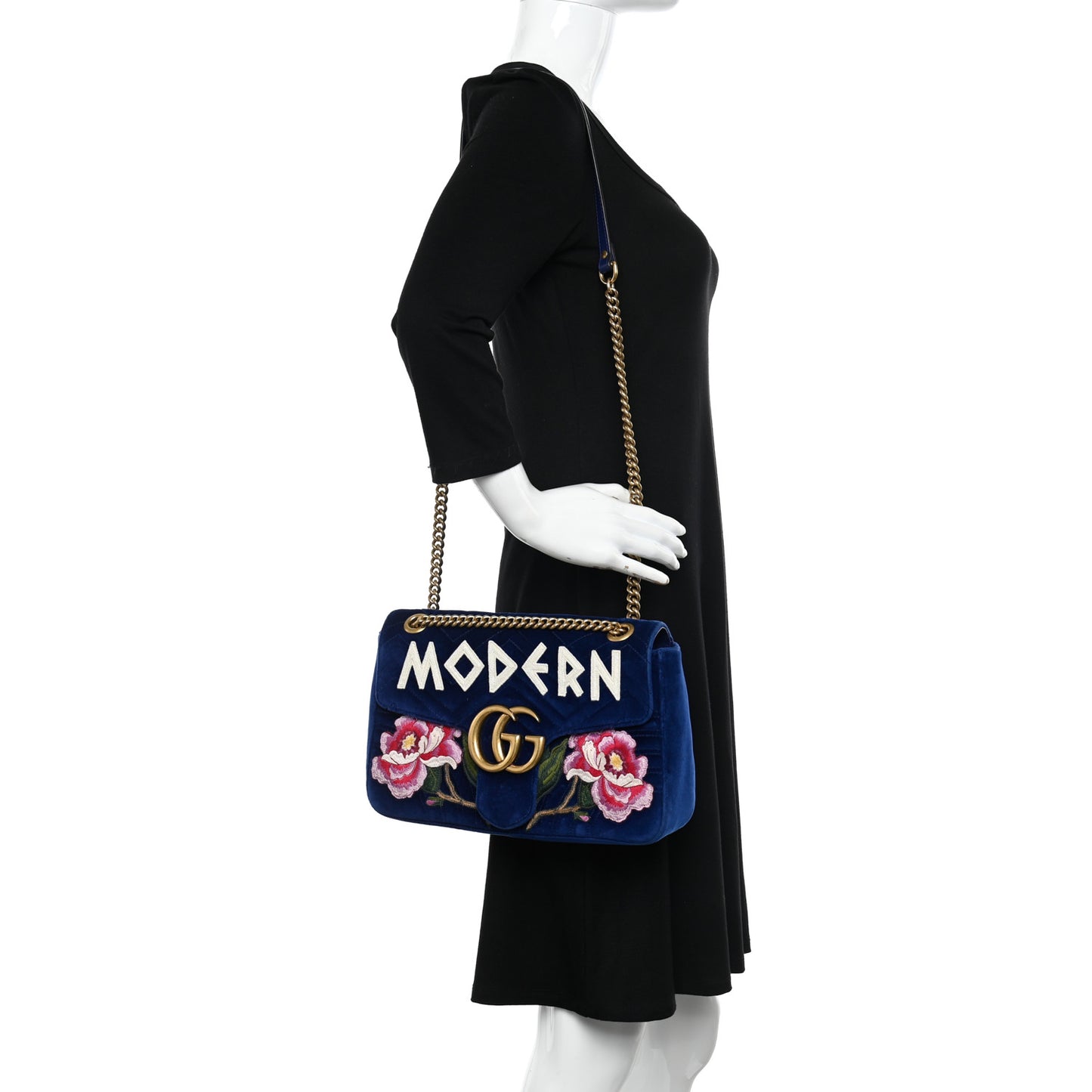 Velvet Matelasse Modern Embroidered Medium GG Marmont Shoulder Bag Cobalt