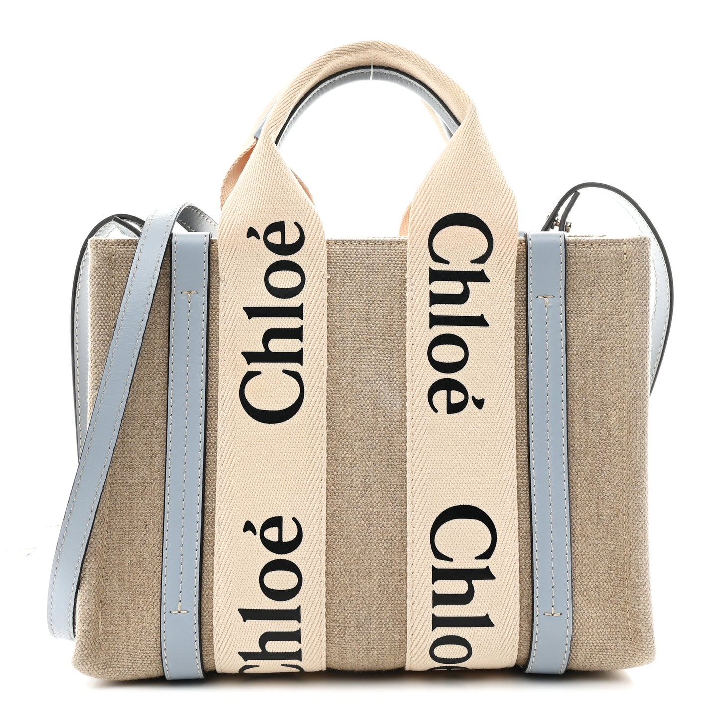 Cotton Calfskin Small Woody Ribbon Tote With Strap Light Blue