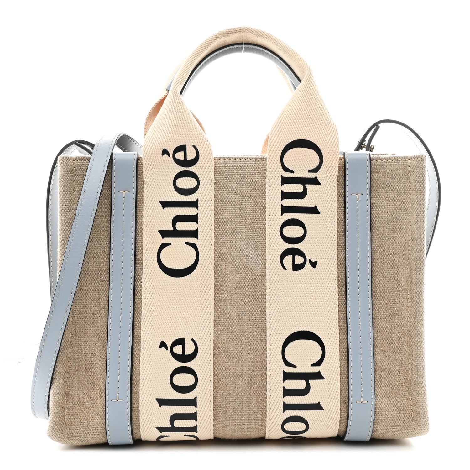 Chloe Cotton Calfskin Small Woody Ribbon Tote With Strap Light Blue 1 of 13