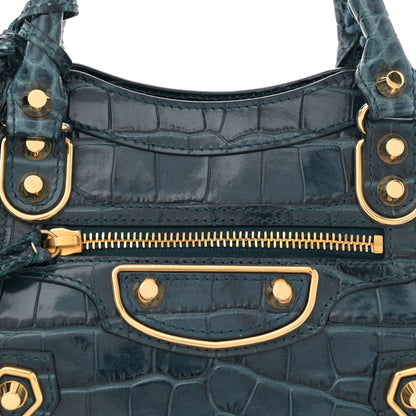 Balenciaga Shiny Supple Calfskin Crocodile Embossed Gold Metallic Edge Hardware Mini City Bleu Marine 9 of 11