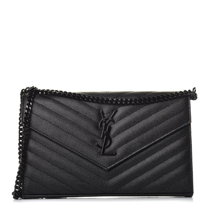 Saint Laurent Grain De Poudre Matelasse Chevron Monogram Chain Wallet Black 1 of 9