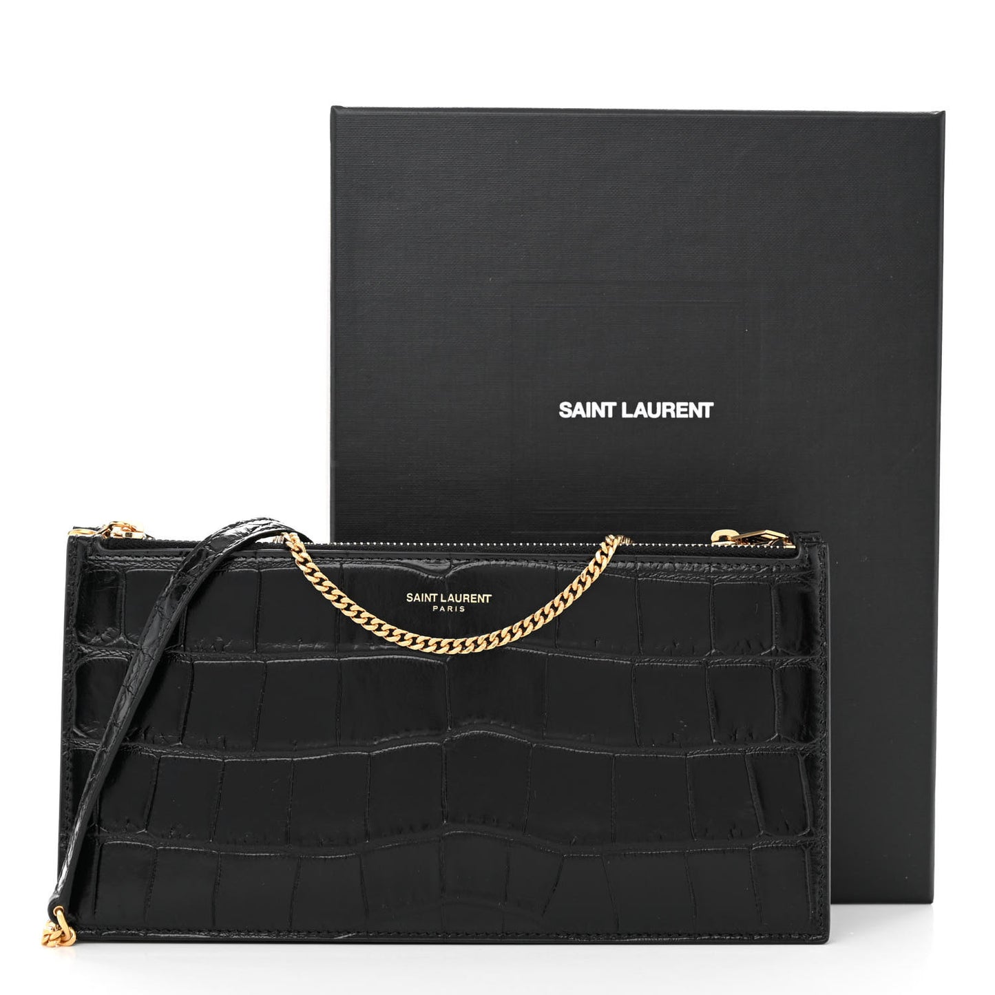Calfskin Crocodile Embossed Double Pouch On Chain Black