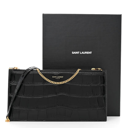 Saint Laurent Calfskin Crocodile Embossed Double Pouch On Chain Black 11 of 11