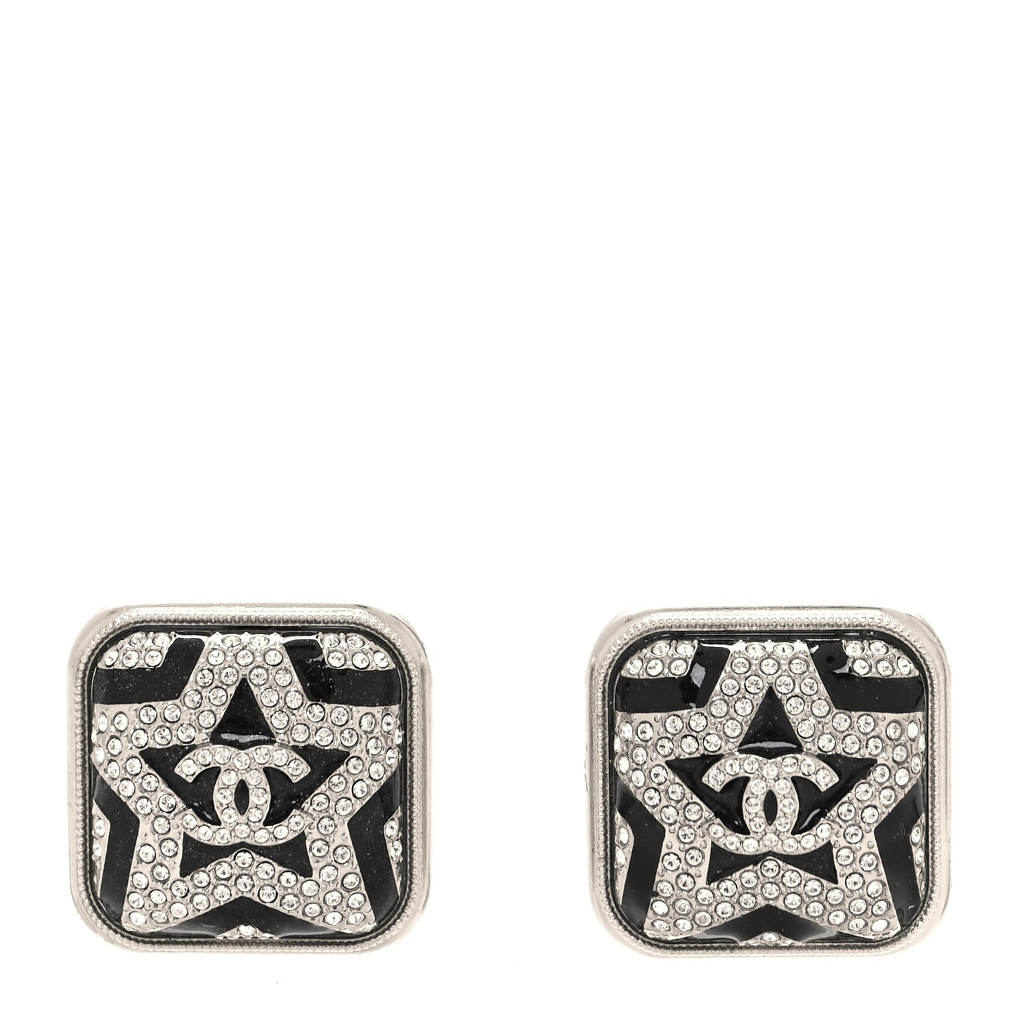 Crystal Star Square CC Earrings Silver Black