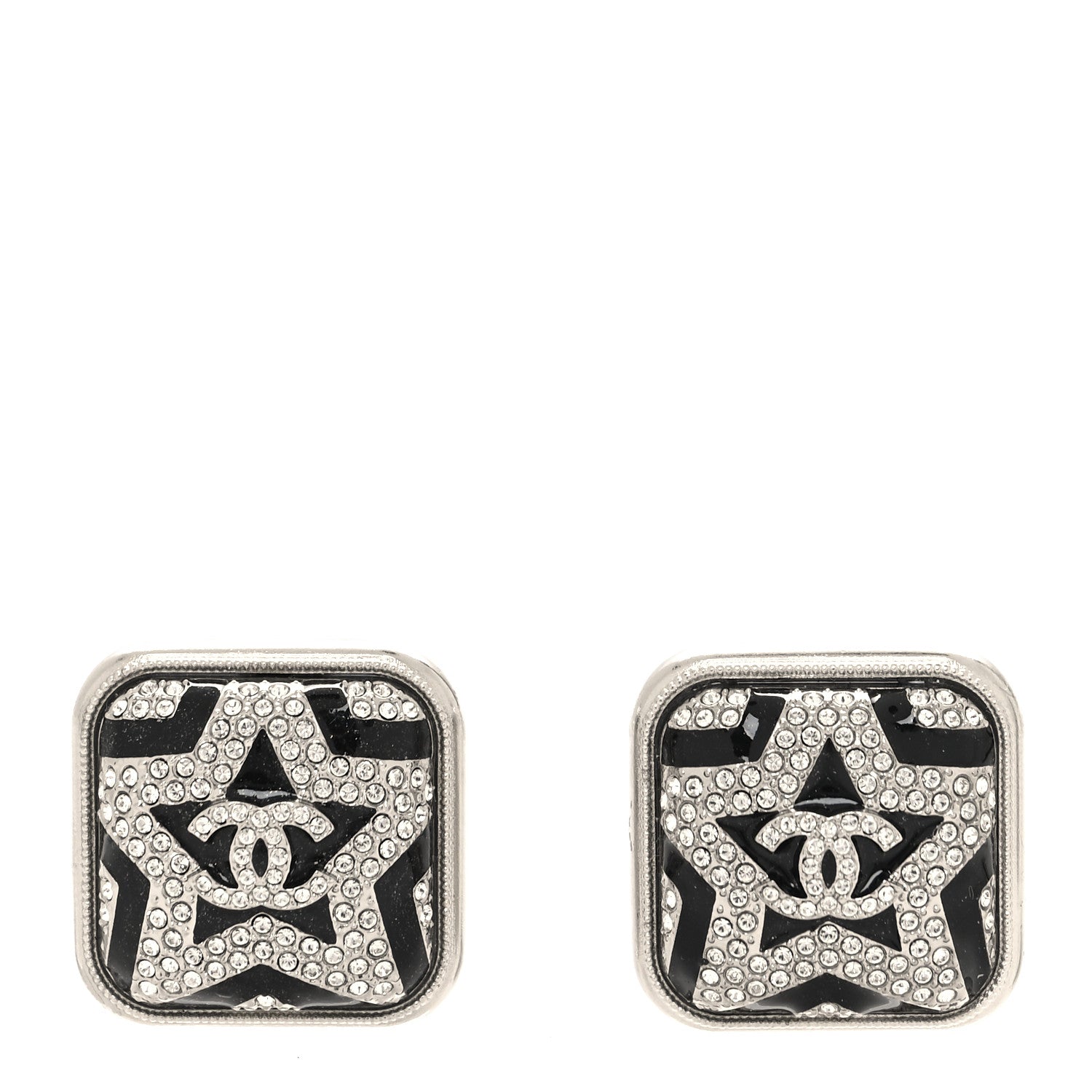 Chanel Crystal Star Square CC Earrings Silver Black 1 of 4