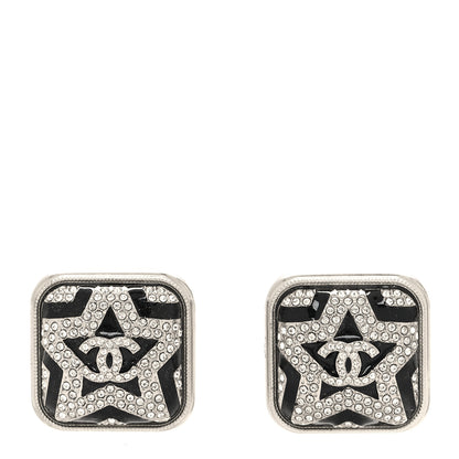 Chanel Crystal Star Square CC Earrings Silver Black 1 of 4