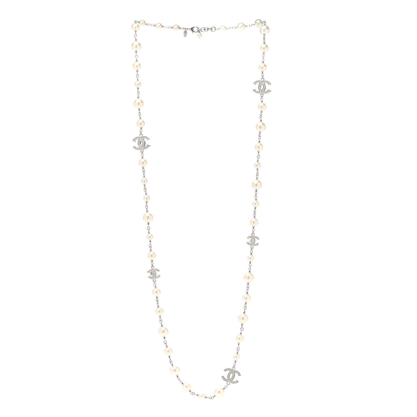 Graduated Pearl Crystal CC Long Necklace Silver
