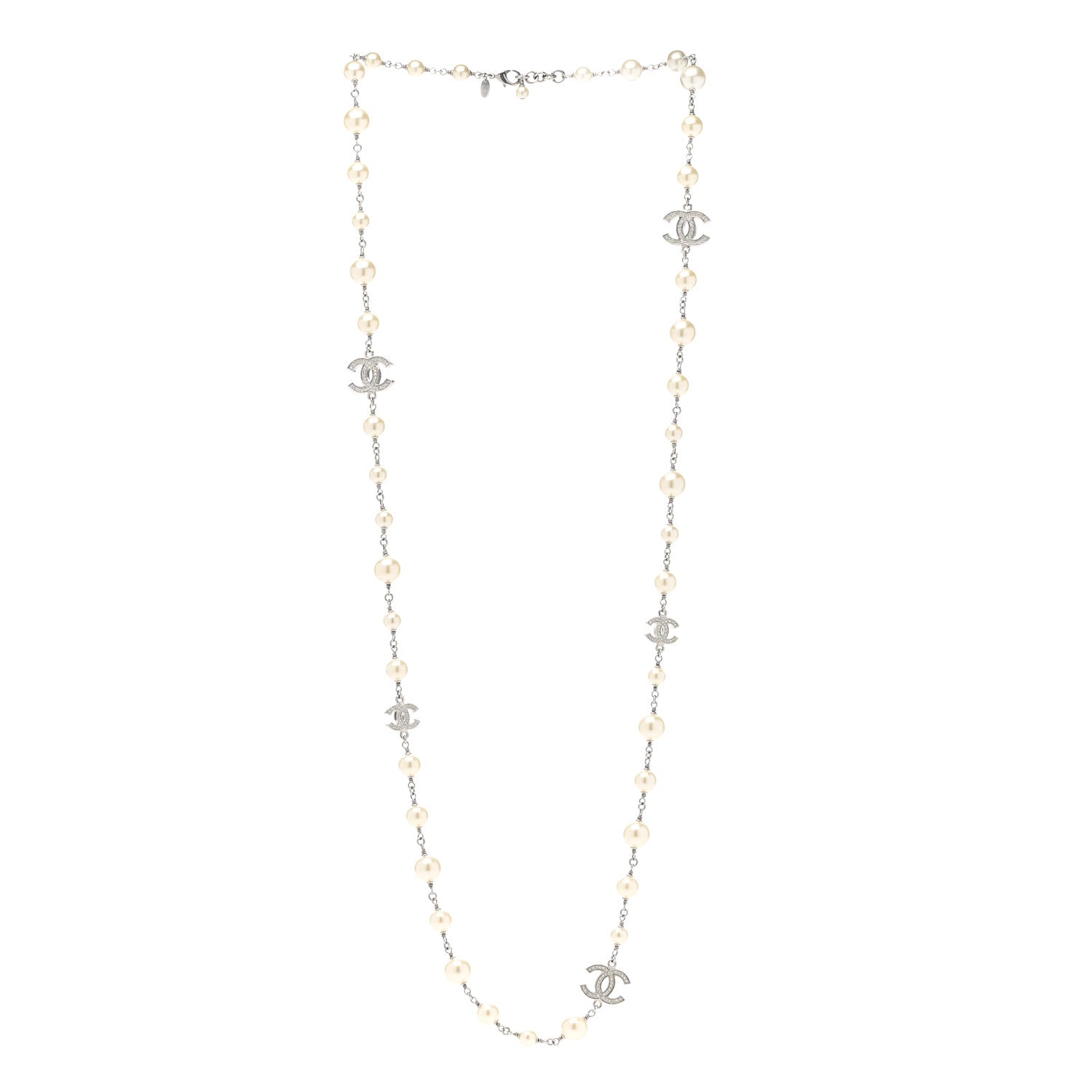 Chanel Graduated Pearl Crystal CC Long Necklace Silver 3 of 6