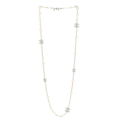 Chanel Graduated Pearl Crystal CC Long Necklace Silver 3 of 6