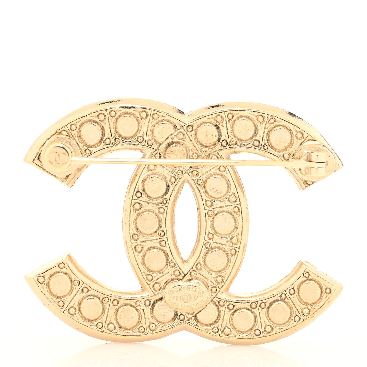 Metal Crystal Graduated Pearl CC Brooch Gold