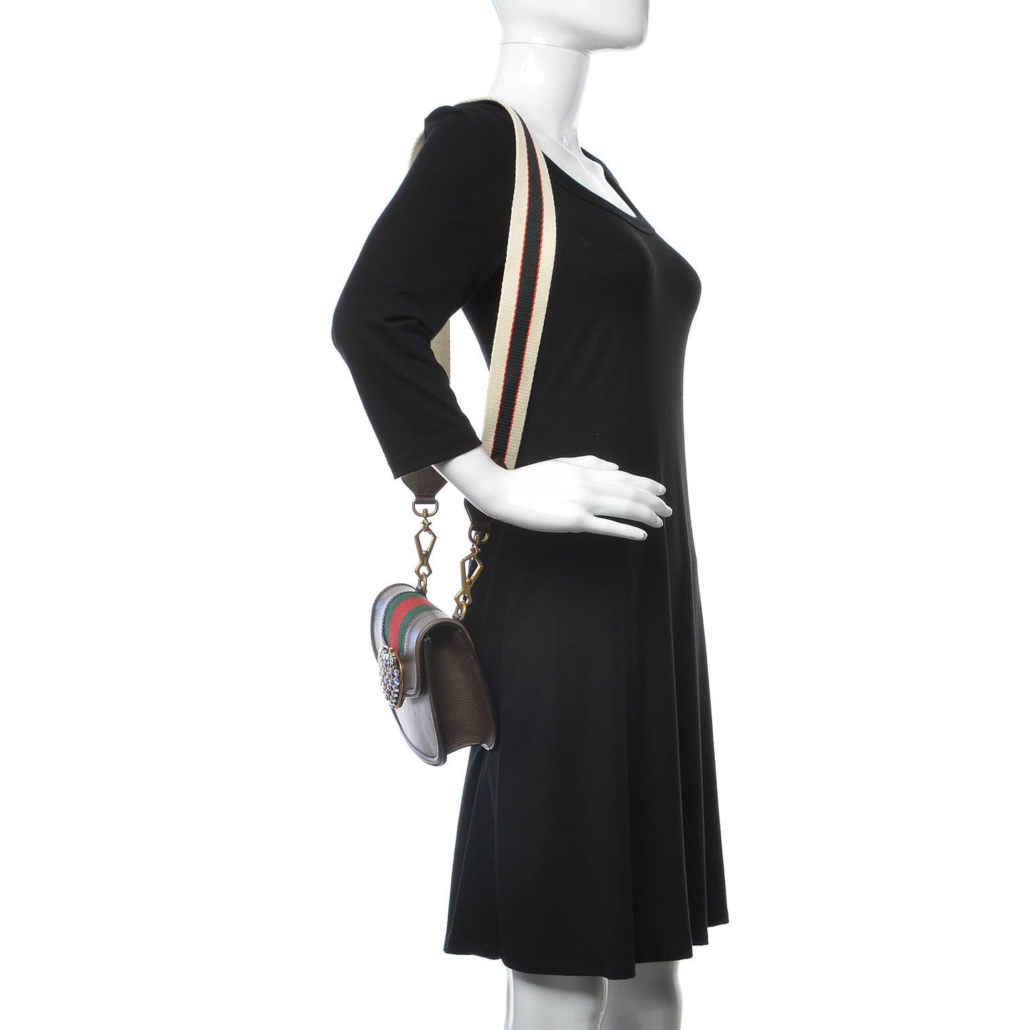 Textured Calfskin Web Crystal Heart Stripe Small Totem Shoulder Bag New Acero