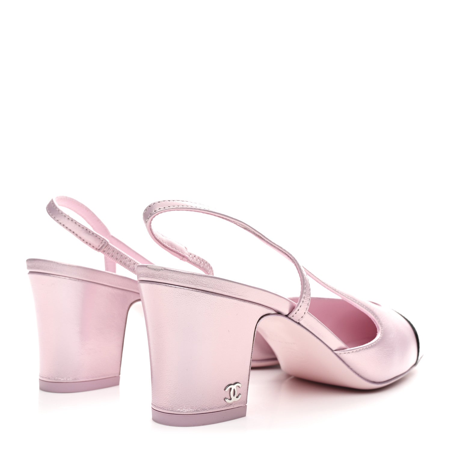 Chanel Laminated Lambskin Patent Cap Toe CC Slingback Pumps 37 Light Pink Black 5 of 10
