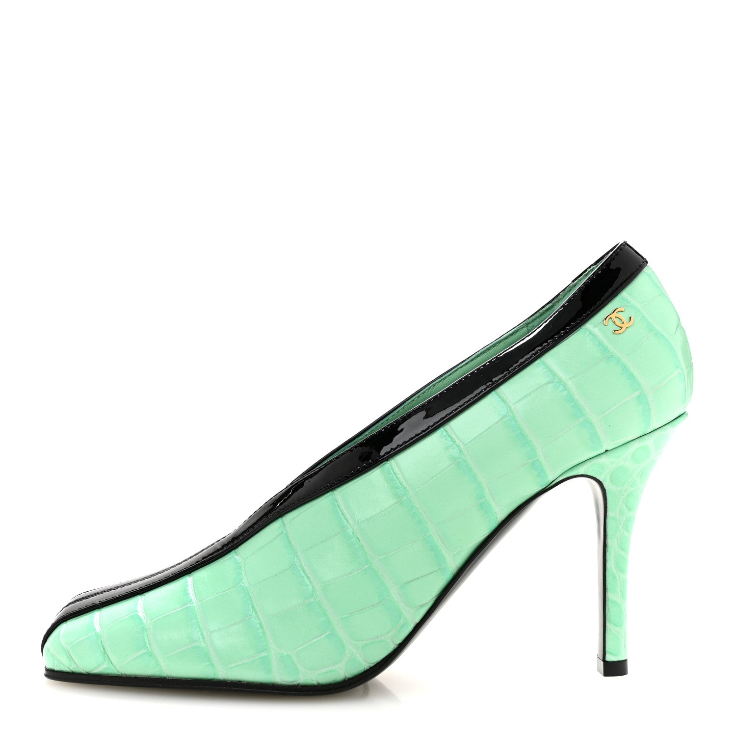 Chanel Crocodile Embossed Patent Calfskin Pumps 38.5 Green Black 1 of 10