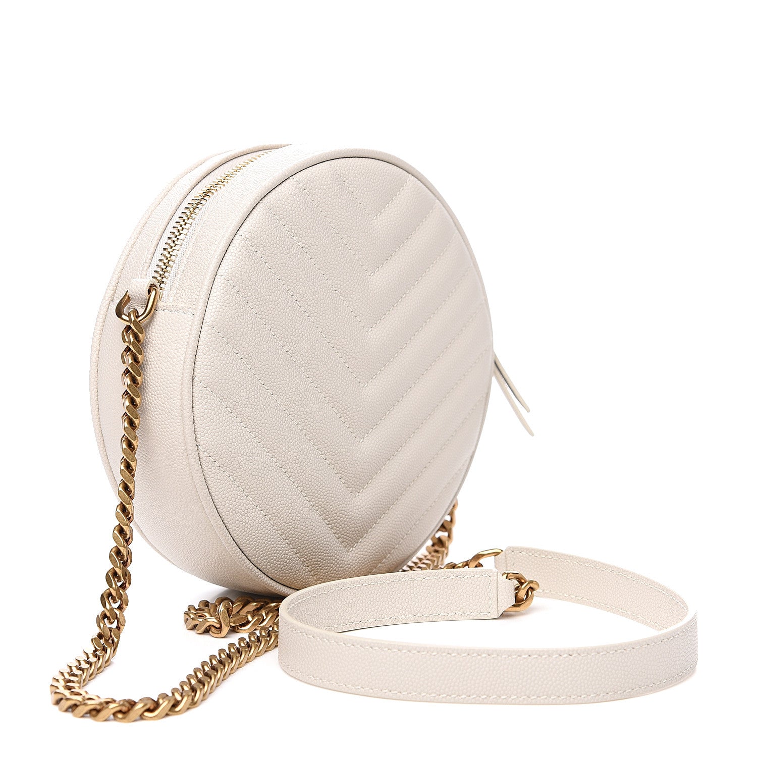 Saint Laurent Grain De Poudre Matelasse Chevron Quilted Round Vinyle Camera Bag White 2 of 8
