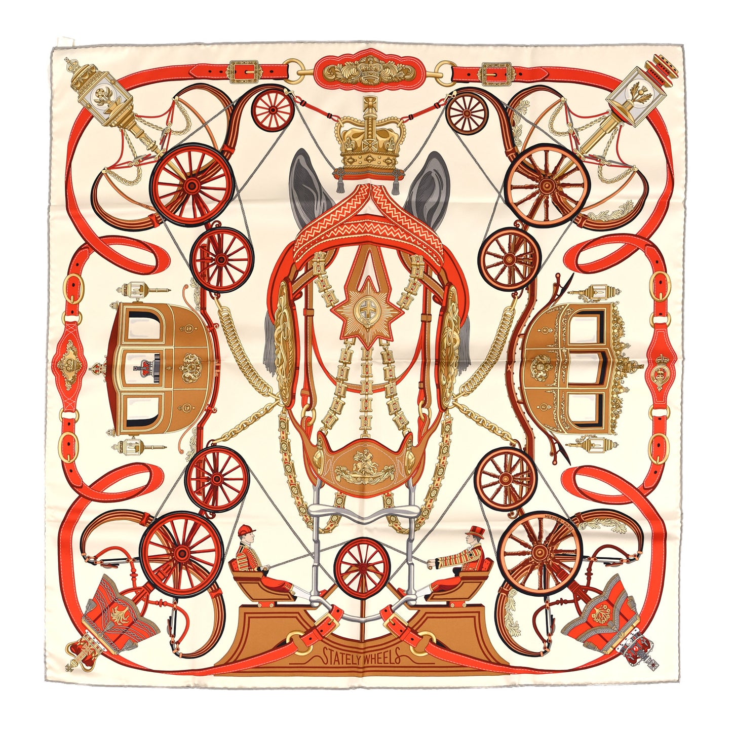 Silk Stately Wheels Scarf 90 White Orange Gris
