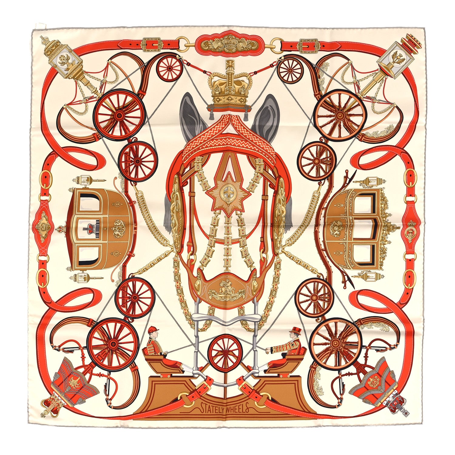 Hermes Silk Stately Wheels Scarf 90 White Orange Gris 1 of 3