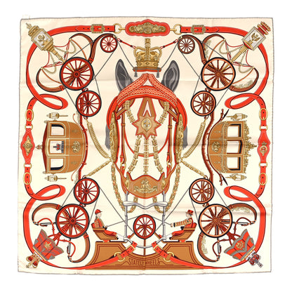Hermes Silk Stately Wheels Scarf 90 White Orange Gris 1 of 3