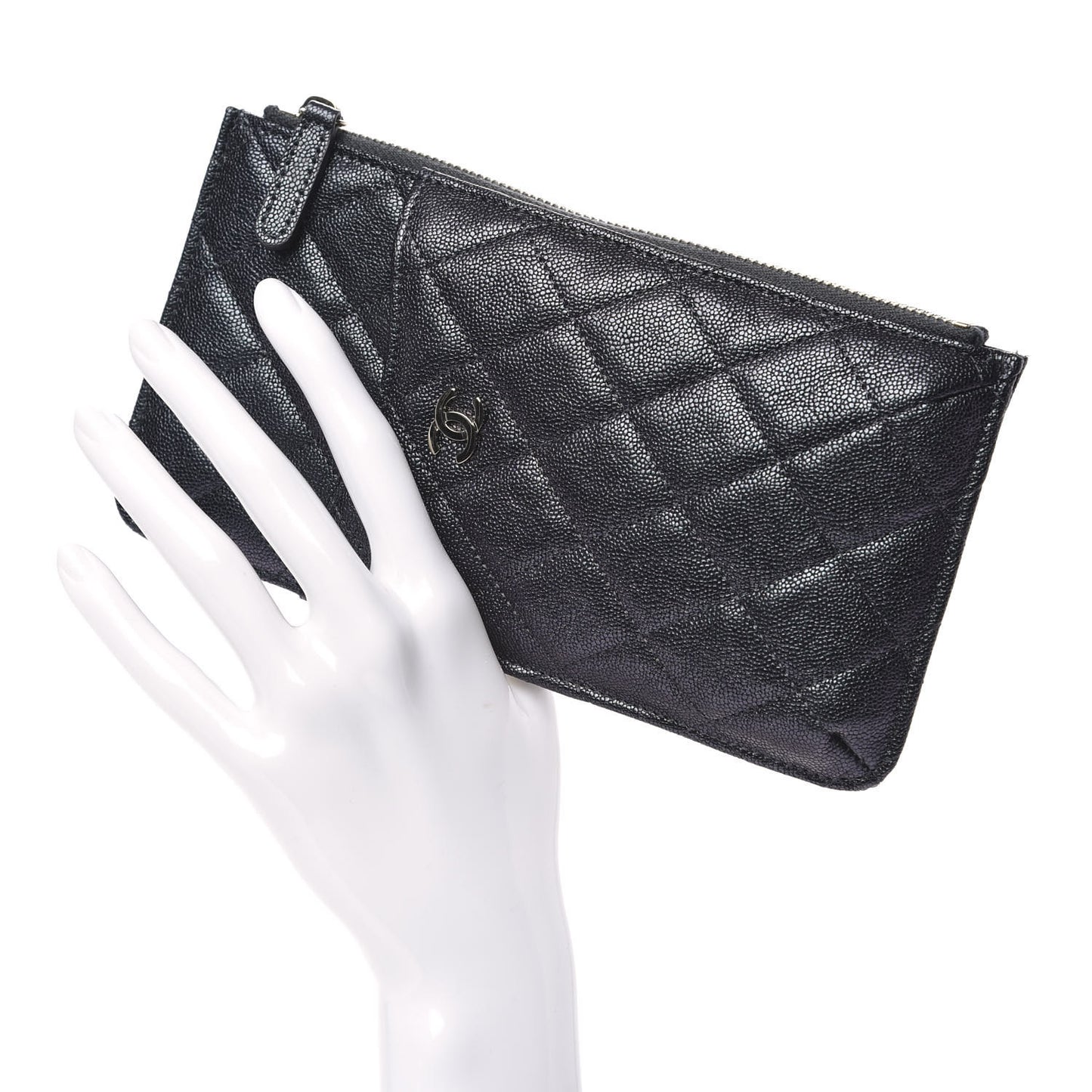 Iridescent Caviar Quilted Classic Flat Wallet Pouch Black