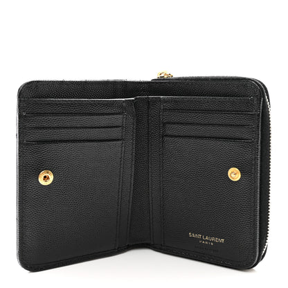 Saint Laurent Grain De Poudre Matelasse Chevron Monogram Compact Zip Around Wallet Black 6 of 9