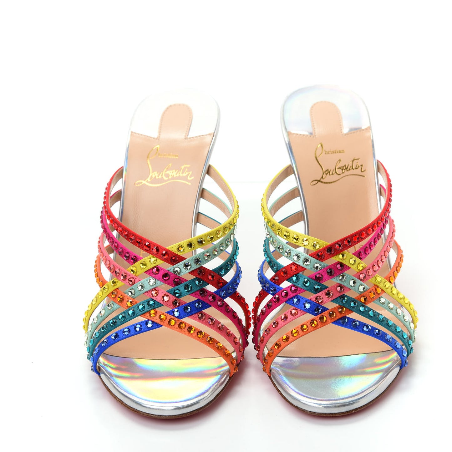 Specchio Calfskin Crystal Marthastrass 100 Slide Sandals 37.5 Silver Multicolor
