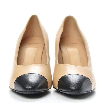 Chanel Lambskin Cap Toe Pearl Pumps 38 Beige Black 2 of 10