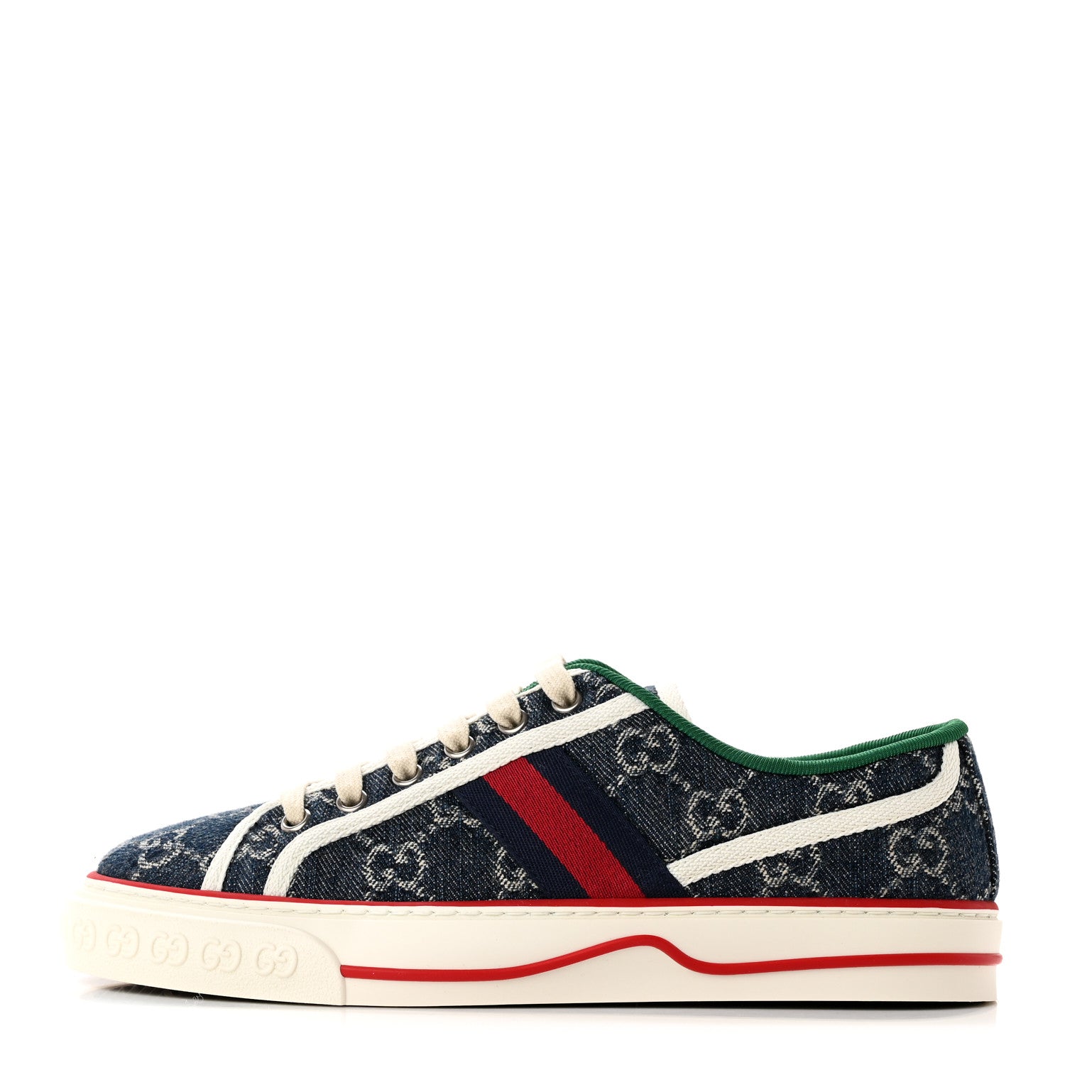 Gucci New Denim GG Monogram Web Womens 1977 Tennis Sneakers 38.5 Blue Tea Mystic White 1 of 8