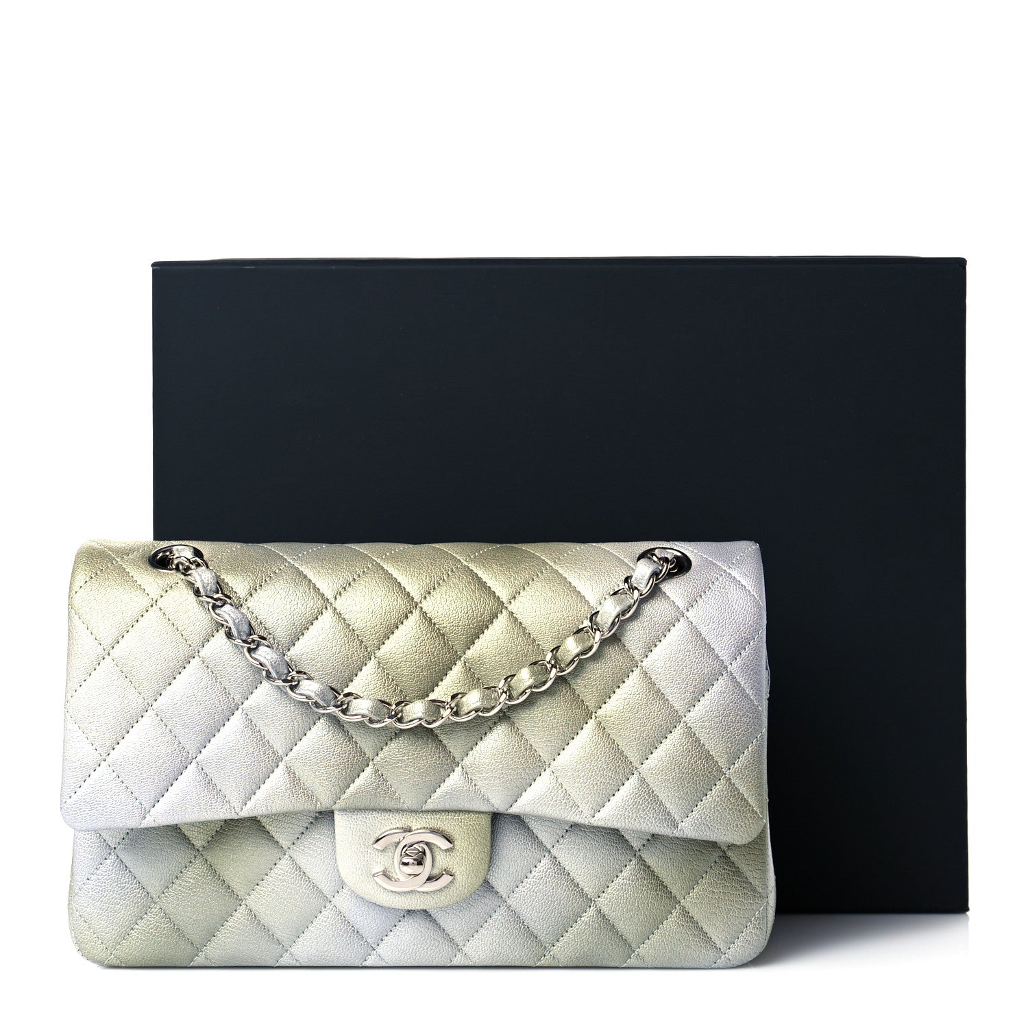 Chanel Metallic Goatskin Quilted Ombre Medium Double Flap Grey Green 11 of 11