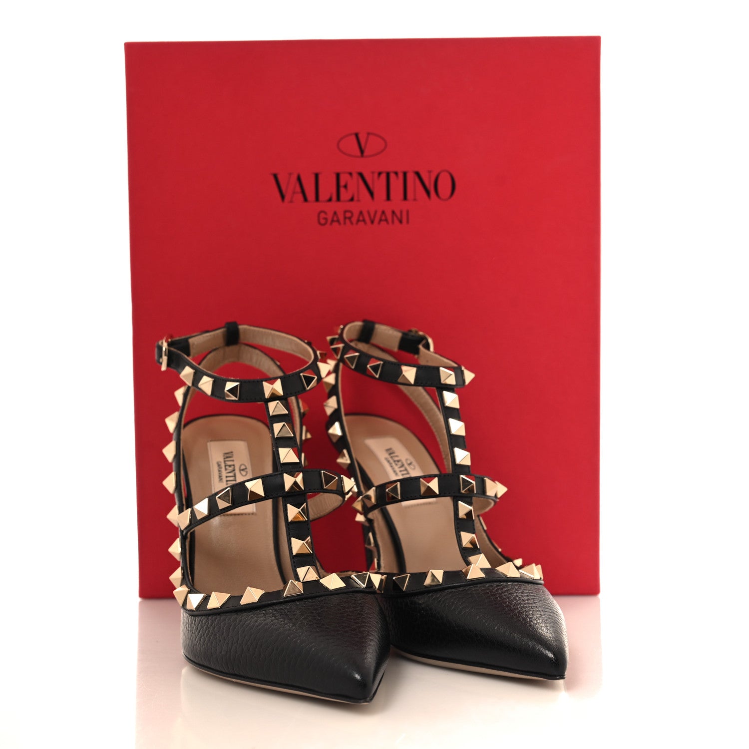 Valentino Garavani Pebbled Calfskin Rockstud Ankle Strap Pumps 35 Black 9 of 9