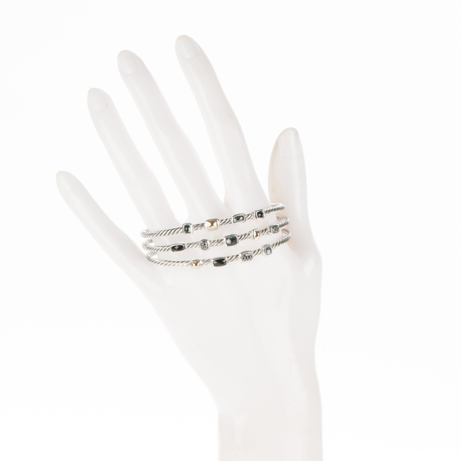 David Yurman Sterling Silver 18K Yellow Gold Black Diamond Hematite Black Onyx Three Row Confetti Cuff Bracelet 2 of 5