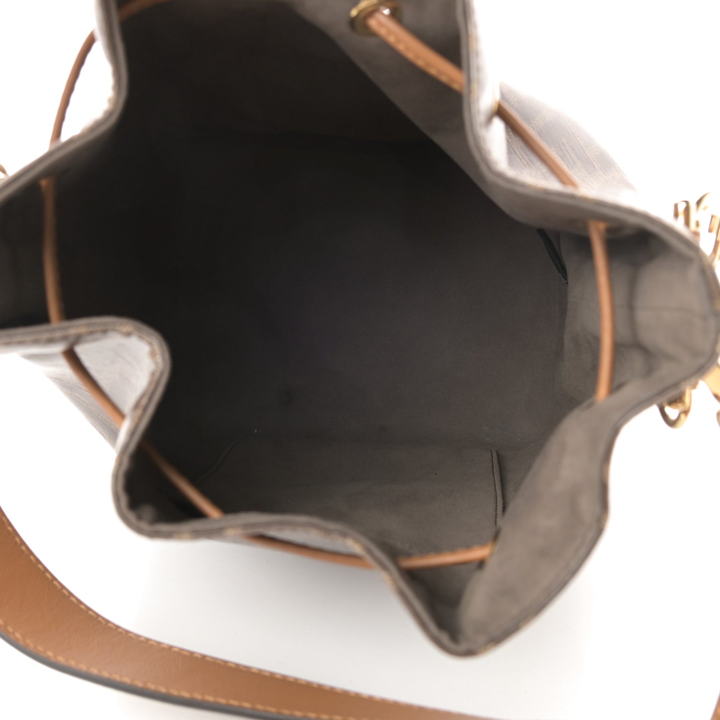 Glazed Fabric Vitello Grace F is Fendi FF 1974 Stamp Patch Grande Mon Tresor Bucket Bag Mogano Panna Nocciola