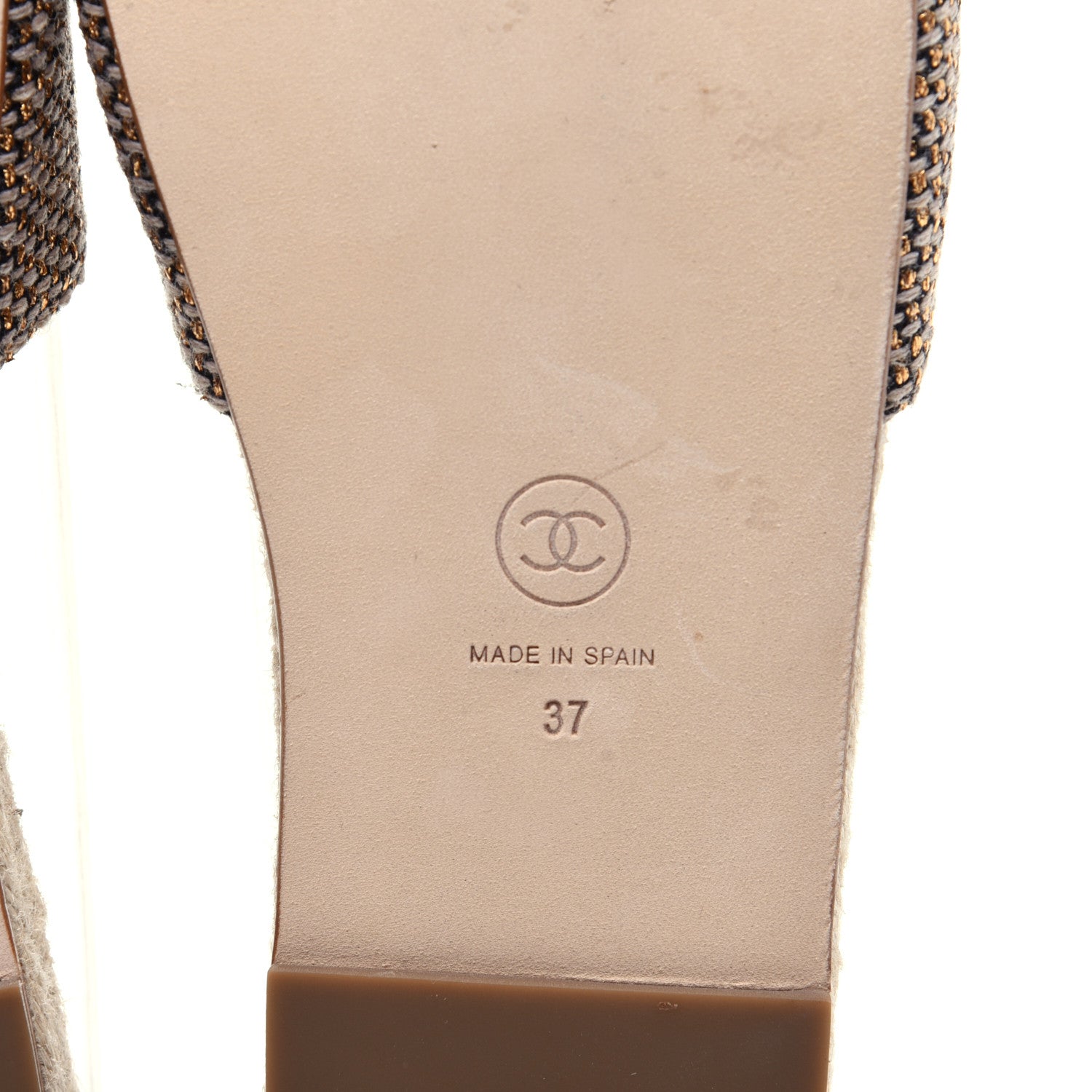 Chanel Metallic Tweed CC Espadrille Slip On Sandals 37 Beige Black 10 of 11