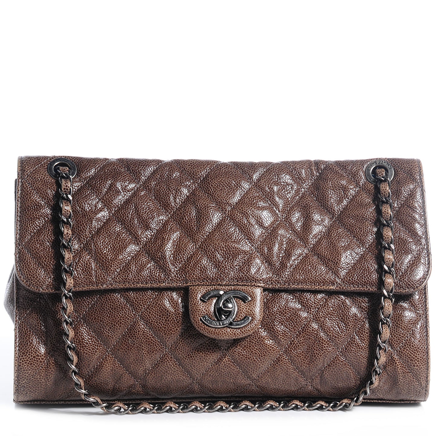 Crumpled Grained Calfskin CC Crave Jumbo Flap Brown