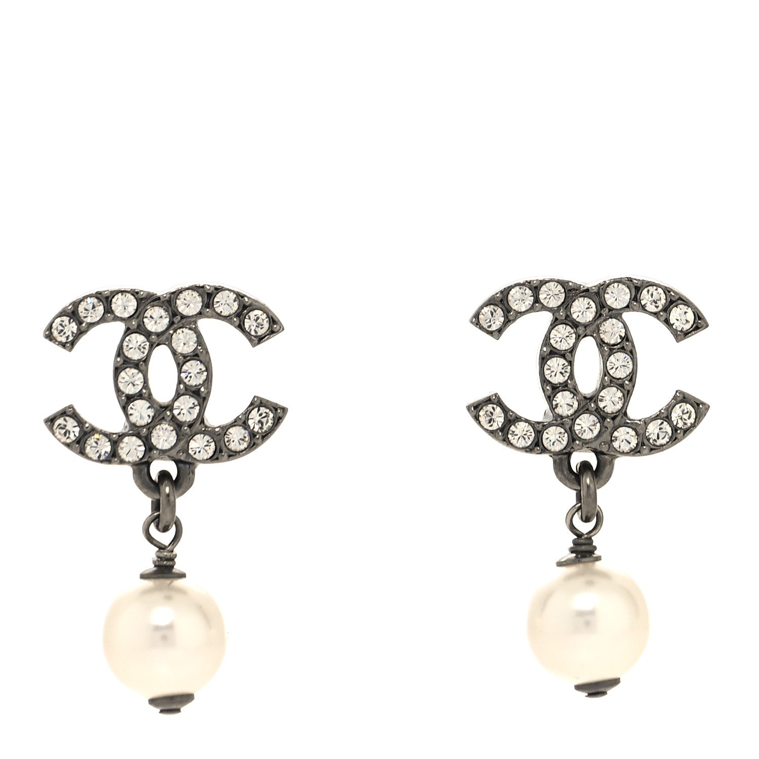 Chanel Crystal Pearl CC Drop Earrings Ruthenium 1 of 4