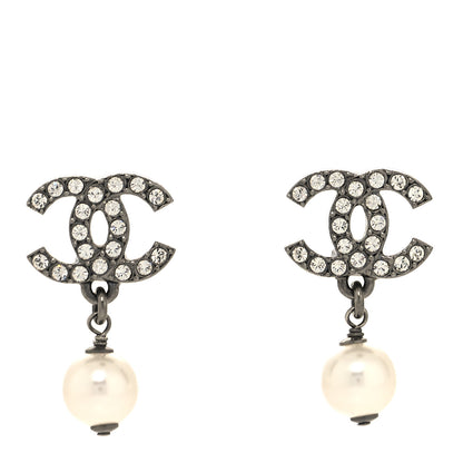 Chanel Crystal Pearl CC Drop Earrings Ruthenium 1 of 4