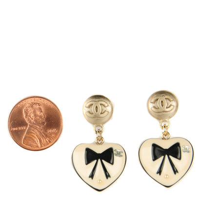 Chanel Enamel Heart Bow CC Dangle Earrings 2 of 4