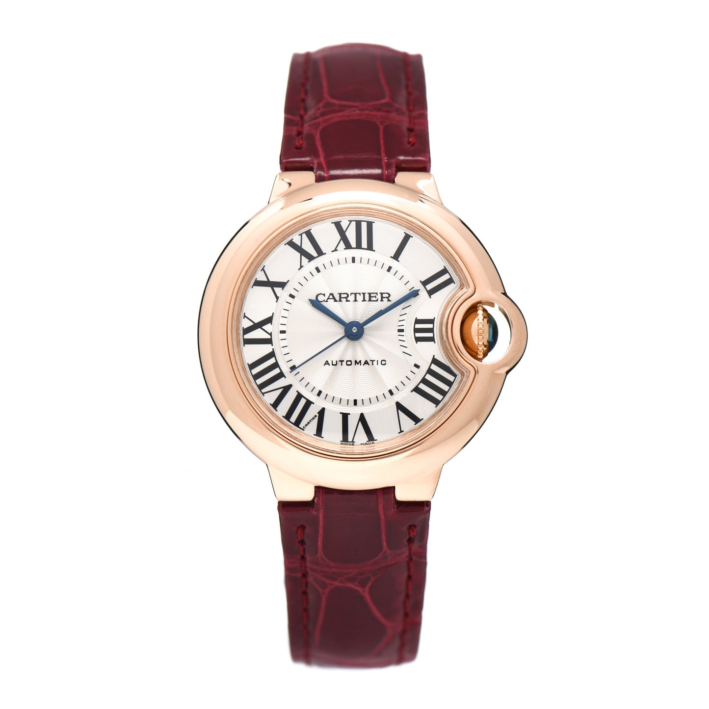 18K Pink Gold Alligator 33mm Ballon Bleu De Cartier Automatic Watch Red