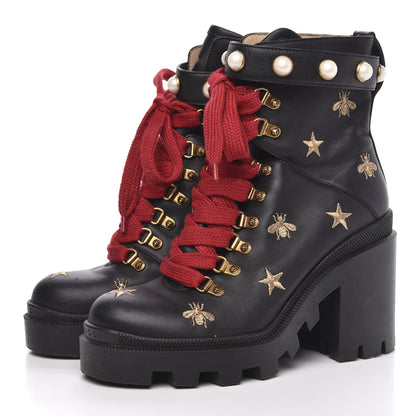 Gucci Calfskin Embroidered Lace Up Combat Ankle Boots 38 Black 3 of 9